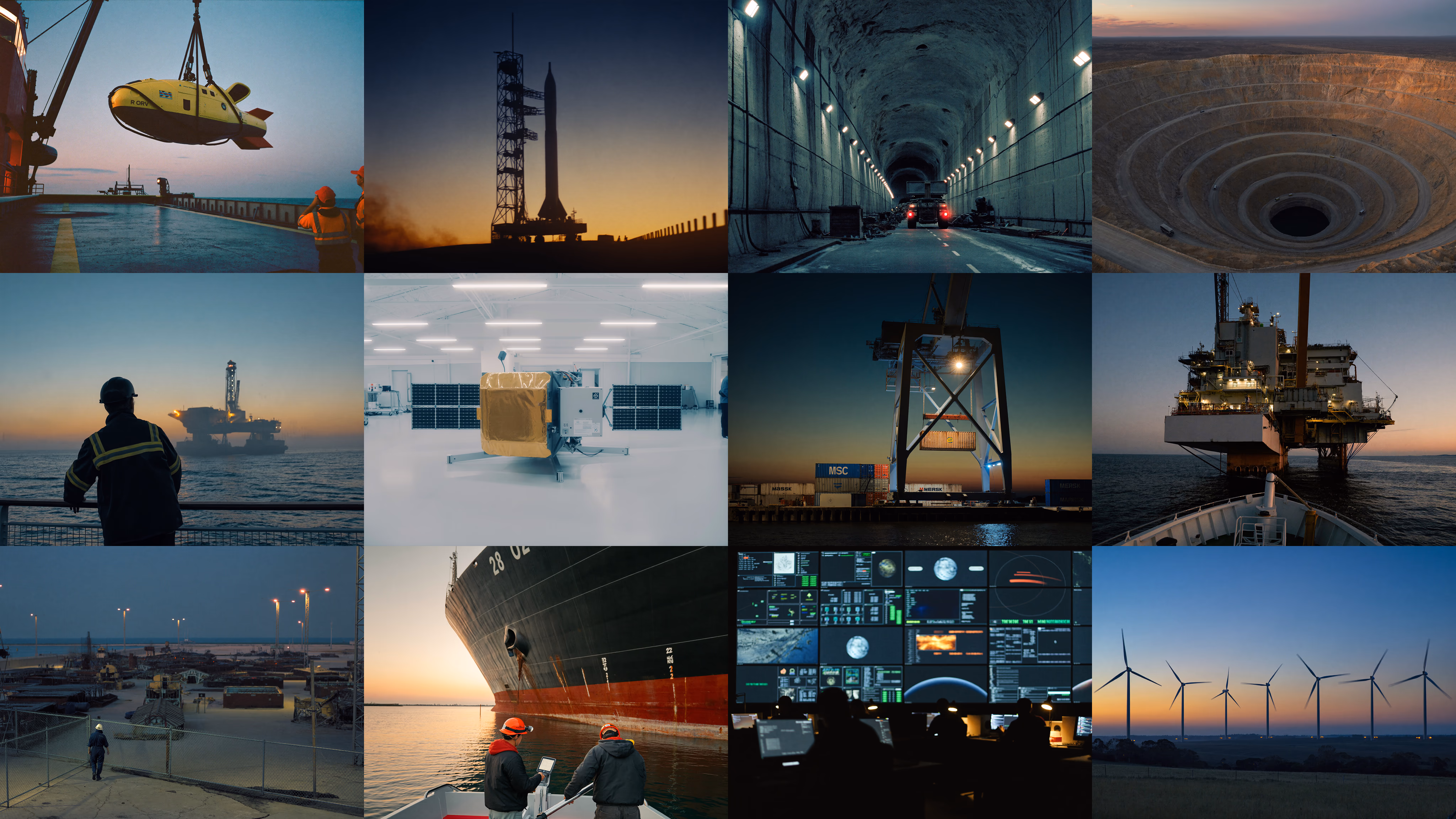 Collage of specialist industries including offshore, space, tunnels, mining, marine, control rooms & renewable energy